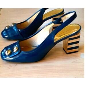 Marc by Marc Jacobs Sliingbacks Sz 5 Blue Gold Striped Heels Boardroom Art Deco